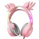 ONITOON Lightweight Gaming Headsets with Deer Ears, Gradient RGB Light, Wired Over-Ear Headphones for PC/PS4/PS5/XBOX/Switch,Surround Sound & Noise Cancelling Mic, Auto-Adjust Headband, Pink