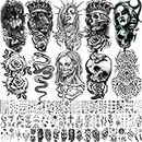Shegazzi 62 Sheets Wolf Lion Skeleton Temporary Tattoos For Men Women Arm, 3D Realistic Tattoo Stickers For Adults Kids Neck, Black Scary Skull Halloween Vampire Fake Tatoos Snake Flower Compass