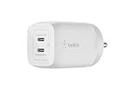 Belkin 65W GaN Dual USB-C (Type C) PD 3.0 Fast Charger with Pps Technology, Compact Size for iPhone 15, 14, 13, 12, MacBook Pro, MacBook Air, Ipad & Other USB-C Supported Devices - White