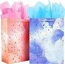 Gift Bags Large, Birthday Gift Bag Bulk Set Included 2 Pack Paper Gift Bags with Tissue Paper, Colorful Pink Blue Gift Bags for Women, Men, Boy, Girls, Kids, The Pretty Gift Bags with Handles for Birthday, Party, Bridal Shower, Baby Shower Present Bags (32cm Large Size)