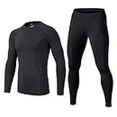 BUYKUD Men's Long Sleeve Base Layer Compression Athletic Underwear Shirt Tights Top & Bottom Set, Black, M(67-69 inch,130-154lb)