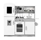 Kidoz Signature Kids Wooden Kitchen, Large Pretend Role Play Kitchen With Realistic Oven, Microwave and Sink With Taps, Kitchen Playset With Sounds And Lights For Kids (Grey Kitchen With Utensils)
