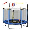 Qaba 4.6' Kids Trampoline with Basketball Hoop, Horizontal Bar, 55" Indoor Trampoline with Net, Small Springfree Trampoline Gifts for Kids Toys, Ages 3-10, Blue