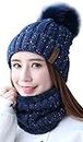 IYEBRAO Womens Winter Knit Beanie Hat Scarf Set for Girl Fleece Lined Warm Ski Hat with Pom (Navy Blue)