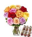 From You Flowers - One Dozen Rainbow Roses with Belgian Chocolate Covered Strawberries with Glass Vase (Fresh Flowers) Birthday, Anniversary, Get Well, Sympathy, Congratulations, Thank You