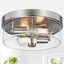 szzgco Flush Mount Ceiling Light Fixtures, 2-Light 12 Inch Brushed Nickel Close to Ceiling Light Fixtures with Seeded Glass Shade for Porch, Hallway, Bathroom, Dining Room