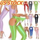 US Womens Glossy Crotchless Tights Pants Stretchy Elastic Fitness Yoga Trousers
