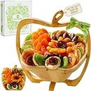 Nut Cravings Gourmet Collection - Mothers Day Dried Fruit Wooden Apple-Shaped Gift Basket + Tray (9 Assortment) Flower Arrangement Platter with Green Ribbon - Healthy Kosher USA Made