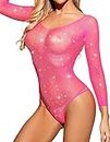 RSLOVE Women Lingerie Fishnet Bodysuit Babydoll Sparkle Rhinestone Mesh Teddy Lingerie Pink