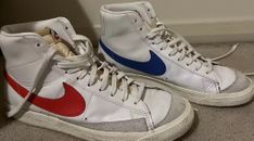 Blazer mid 77 Vintage Men's Nike white shoes habanero red and blue Nike swoosh 