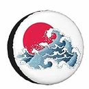 Waves and Sun Spare Tire Cover for RV Trailer Japanese Abstract Blue and White Ocean Wave and Sun Wheel Protectors Weatherproof Polyester Tire Case for All Cars SUV Camper Travel 15 inch