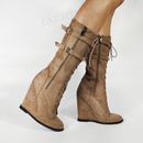Vintage Women Calf Boots Side Zip Round Toe Wedges Heels Boots Faux Suede Shoes 