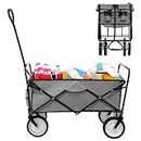 Multi-Purpose Utility Cart, Folding Garden Wagon w/2 Cup Holders, 80kg Weight Capacity – Heavy Duty for Outdoors Camping Shopping Sports Yard Beach, Grey