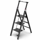 WFX Utility™ Ladder, Retractable Handgrip Folding Step Stool w/ Anti-Slip Wide Pedal in Black | 50.28 H x 2.08 W x 19.69 D in | Wayfair