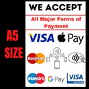 A5 GRÖSSE Akzeptieren Kartenzahlungen Aufkleber Schilder, Apple Pay, kontaktlos usw. UK Handel