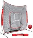 PowerNet DLX 7x7 Baseball Softball Hitting Net + Weighted Heavy Ball + Strike Zone Bundle (Red) | Training Set | Practice Equipment Batting Soft Toss Pitching | Team Color | Portable Backstop