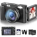 4K Digital Camera for Photography and Video, 48MP Vlogging Camera with SD Card Autofocus Anti-Shake, 3'' 180° Flip Screen Digital Camera with Flash 16X Zoom, Compact Camera for Travel (2 Batteries)