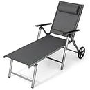 Costway Outdoor Aluminum Chaise Lounge Chair with Wheels, Folding Reclining Lounger with 7-Position Adjustable Backrest and Removable Headrest, Outdoor Recliner with Fast-Drying Fabric, Black