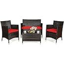 DORTALA 4-Piece Rattan Patio Furniture Set, Outdoor Sofa Table Set with Tempered Glass Coffee Table, Thick Cushion, Wicker Conversation Set for Garden, Lawn, Poolside and Backyard, Red