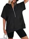 AUTOMET Hoodies for Women Oversized Half zip Sweatshirt Cute Trendy Short Sleeve Summer Tops Loose Fit Casual Fashion Clothes 2024 Y2k Black