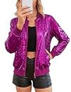 KANCY KOLE Damen 2023 Metallic Jacke Langarm Reißverschluss vorne Funkeln Glänzend Party Bomber Blazer Top mit Taschen S-2XL, Pink, Medium