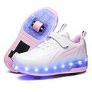 HHSTS Kids Shoes with Wheels LED Light Color Shoes Shiny Roller Skates Skate Shoes Simple Kids Gifts Boys Girls The Best Gift for Party Birthday Christmas Day(5.5 Big Kid, 809-White pink)