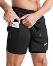 JUST RIDER 2 In 1 Running Sports Shorts For Men With Mobile Phone Pocket Light Weight Quick Dry Fabric For Gym Athletic Workout Training Yoga Gym Short With Towel Loop(L)Black