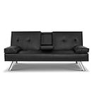 Artiss Sofa Bed 3 Seater Recliner Lounge Couch, Furniture, Convertible with 2 Pillows Cup Holder Leather Futon Suite Black Chrome Legs Adjustable Backrest