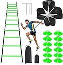 Pro Speed & Agility Training Set—Includes 12 Rung 20ft Adjustable Agility Ladder with Carrying Bag, 12 Disc Cones, 4 Steel Stakes, 1 Resistance Parachute, Use Equipment to Improve Footwork Any Sport