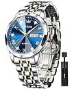 OLEVS Watches for Men, Stainless Steel Mens Watch, Quartz Analog Waterproof Luminous Date Diamond Wrist Watch Luxury Casual Relojes de Hombre (Multiple Colors), Blue…