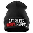 Purple Print House Rugby Gifts – Eat Sleep Rugby Repeat – Berretto ricamato da rugby – Regali per ragazzi e uomini Nero Taglia unica