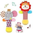 Soft Baby Rattles, 2 Pack Plush Animal Rattle Toys for Babies 0-6 Months, First Baby Sensory Toy with Sound for 0 3 6 Month Infant Gift (Elephant, Lion)