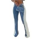 CALEBGAR Women High Waist Patchwork Flare Jeans Bell Bottom Pleated Layered Ruffle Hem Cute Wide Leg Denim Long Pants, Blue 2, XX-Large