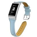 FitTurn Compatible with Fitbit Charge 3/ Charge 4 Bands Women Girls Soft Slim Genuine Leather Replacement Strap Wrist Band with Silver Metal Adapter Bracelet for Fitbit Charge 3 Special Edition/ Charge 4 Smart Watch (Sky Blue)