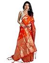 KNETLI Indian Traditional Women's Banarasi Soft Silk Kanjeevaram Pure Zari Saree with Unstitched Blouse Piece (Orange) 3D_05