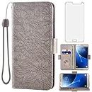 Compatible with Samsung Galaxy J7 2016 Wallet Case and Tempered Glass Screen Protector Card Holder Stand Magnetic Leather Flip Cell Accessories Phone Cover for Glaxay J 7 J710 Women Men Grey