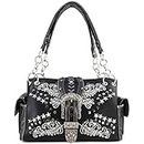 Justin West Buckle Western Floral Damask Embroidery Studs Stars Concealed Carry Handbag Purse (Black Purse Only)