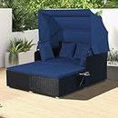 ORALNER Outdoor Daybed, 2-Person Wicker Chaise Lounge with Retractable Canopy, Cushions & Pillows, 2 Side Trays, Patio Double Sofa PE Rattan Sunbed Lounger for Deck Poolside Garden Balcony (Navy Blue)