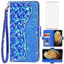 Asuwish Phone Case for Samsung Galaxy S21 Ultra Glaxay S21ultra 5G Wallet Cover with Screen Protector and Wrist Strap Flip Card Holder Bling Glitter Cell Gaxaly 21S S 21 21ultra G5 Women Girls Blue