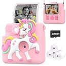 Careenoah Kids Camera Instant Print with Unicorn Cover, Creative Gifts for Girls Age 4-12 Birthday Christmas, 1080P Digital Camera Toy with 32GB SD Card - Pink, ABS-681