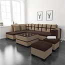 WOODREAM Left Facing Upholstered L Shape 8 Seater Sofa Set | Sectional Upholstery Fabric Sofa Set with Centre Table, 2 Puffy Ottomans and 6 Small Pillow for Living Room & Drawing Room | Brown & Cream