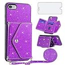 Asuwish Phone Case for iPhone 6plus 6splus 6/6s Plus Wallet Cover with Tempered Glass Screen Protector and Crossbody Strap Glitter Card Holder iPhone6 6+ iPhone6s 6s+ i 6P 6a S Six iPhone6splus Purple