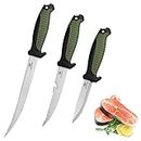 Mossy Oak 3-Piece Fishing Fillet Knife Set with Protective Sheath, Stainless Steel Filet Knives with Non-Slip Handle, Bait Knife for Filleting and Boning (Military Green)