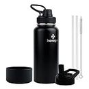 honogo 32 oz Powder Coated Double Wall Vacuum Insulated Sports Water Bottle, 18/8 Stainless Steel Wide Mouth Thermos Flask with Straw Lid & Spout Lid, Leak Proof, Sweat Free, BPA Free (Black, 32 oz)
