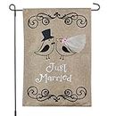 Just Married Banner, Garden Flag or Car Decoration - Bride and Groom Birds Design On Burlap Banner - 12x18 - Home Garden Flag