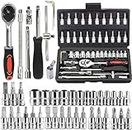 Cutepiece 46PCS 1/4 inch Socket Set,Metric Ratchet Wrench Set with 4-14mm CR-V Sockets,S2 Bits,Extension Bars,Mechanic Tool Kits for Household Auto Repair