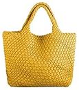 Woven Bag for Women Large Tote Bag with Clutch PU Leather Handwoven Beach Bag Satchel Handmade Casual Purses 2023, Yellow, One Size