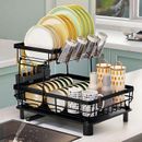 2 Tier Dish Drainer Drying Rack with Cup Holder Cutlery Tray Kitchen Organiser