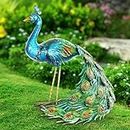 Exhart Peacock Garden Statue, Hand-Painted Metallic Blue Standing Peacock Art- Large 2ft Indoor/Outdoor Peacock Color Décor with UV-Treated Metal Artwork- Metal Peacock Décor, 15 x 24 Inches