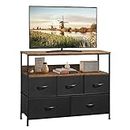 AMISEN Dresser Drawers TV Stand, Entertainment Center with Shelves, Storage Console Table with 5 Fabric Drawers for Bedroom, Living Room, Entryway, Hallway, Black